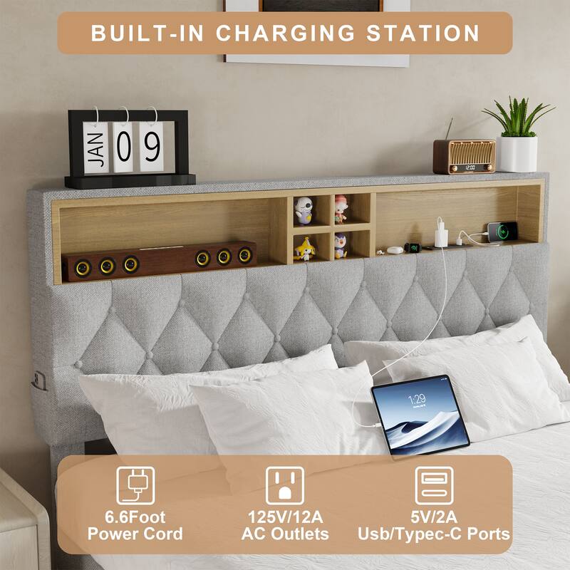 Queen Size Platform Bed Frame with Adjustable Storage Headboard, Built-In Charging Station, Sturdy No-Box Spring Design