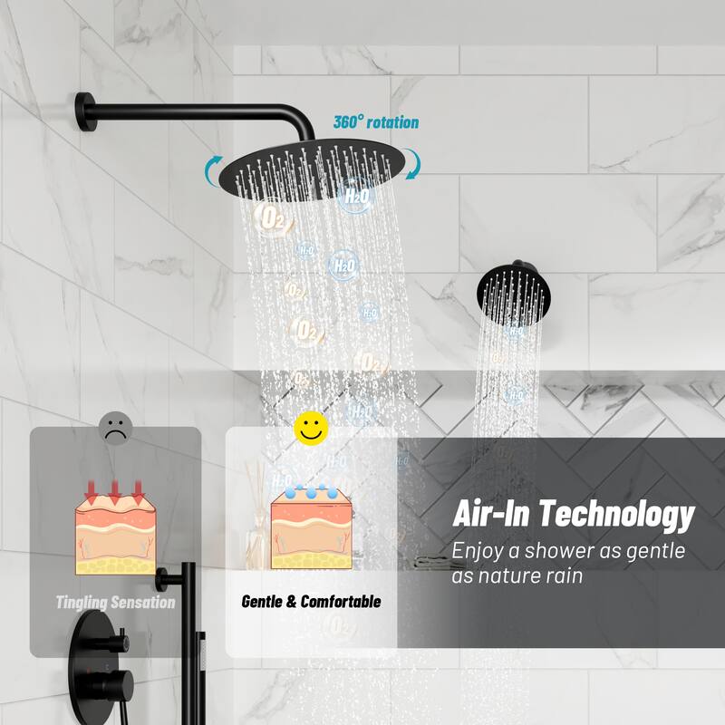 3-Spray Round 10 and 6 in. Dual Wall Mount Fixed and Handheld Shower Head in Matte Black, Valve Included - 10" x 10"