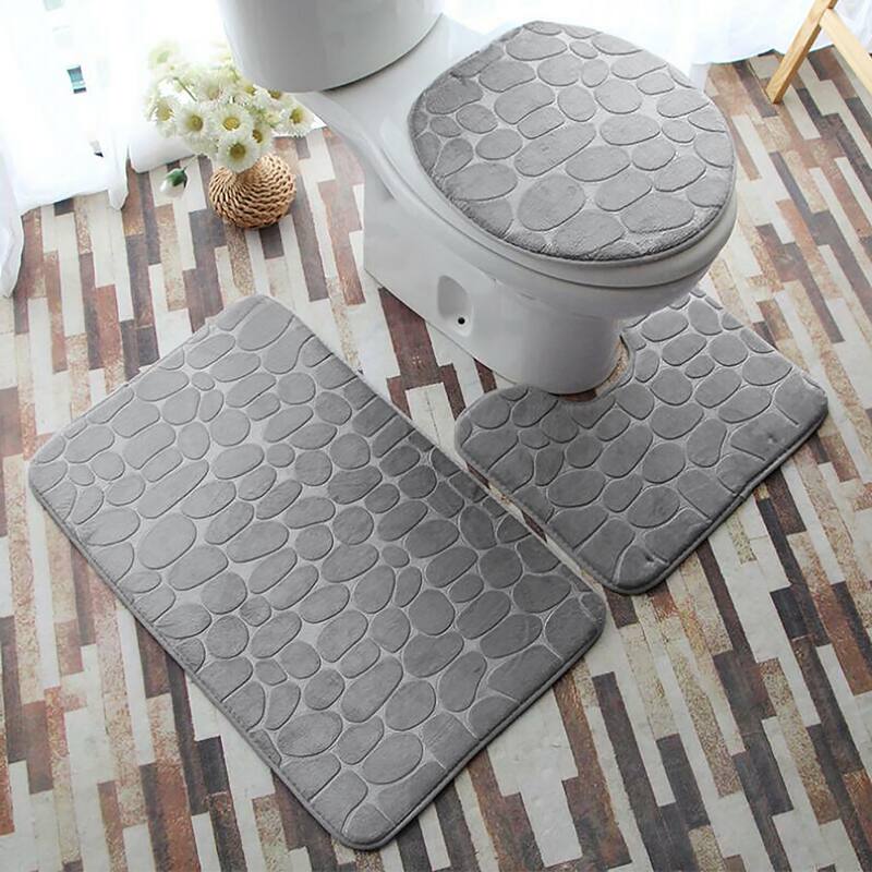 3 Piece Grey Ultra Soft Thick Memory Foam Non-Slip Absorbent Bathroom Bath Mat Set - Grey