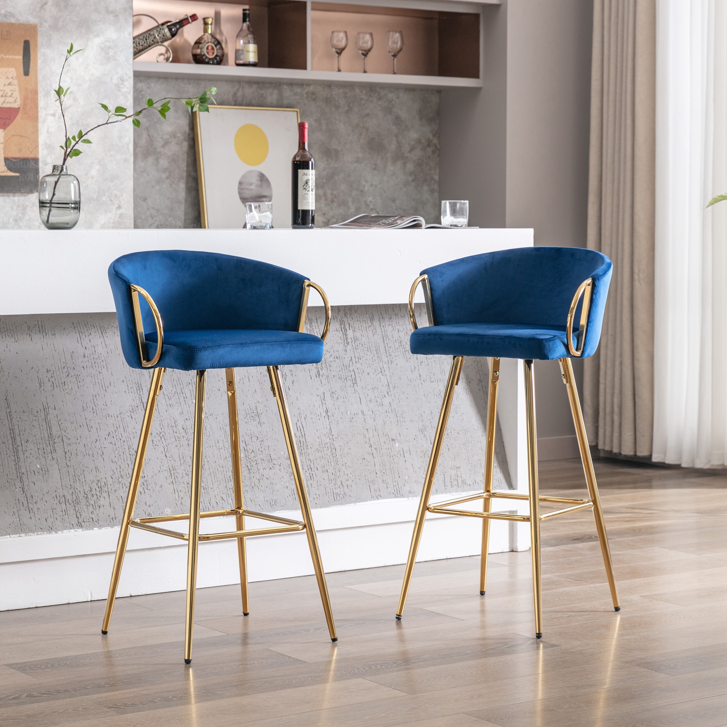 26 Inch Modern Design Velvet Fabric Bar Stools with Chrome Footrest Golden Base Simple High Bar Stool for Kitchen Set of 2