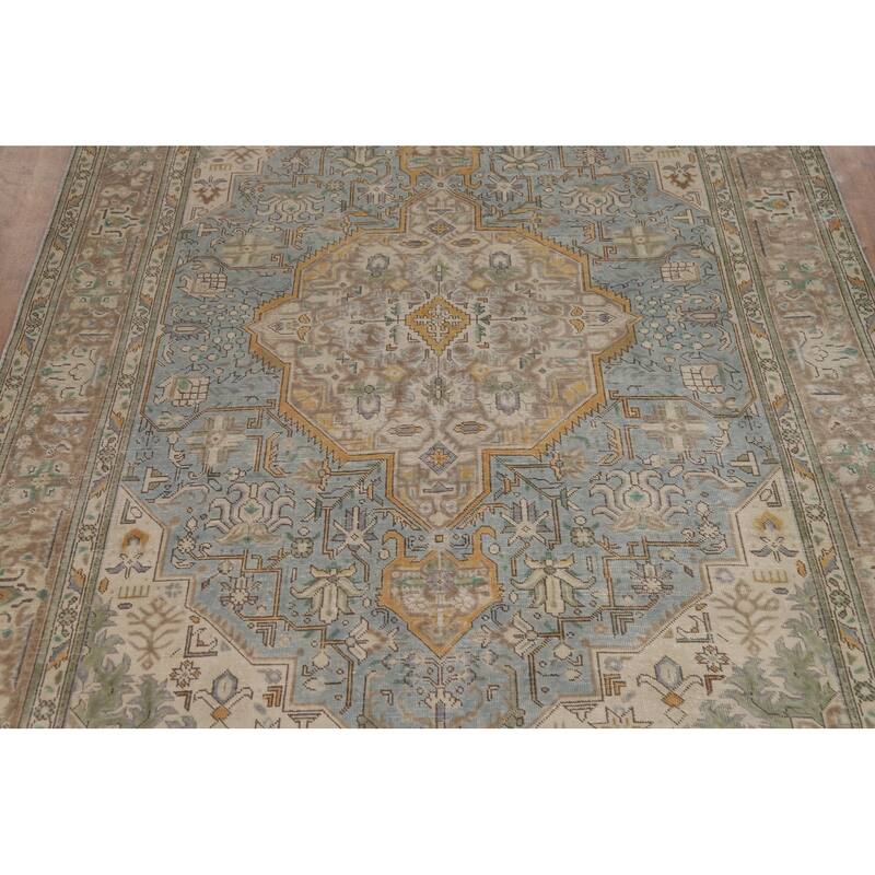 Geometric Blue Tabriz Persian Area Rug Handmade Blue Wool Carpet - 6'7"x 9'8"