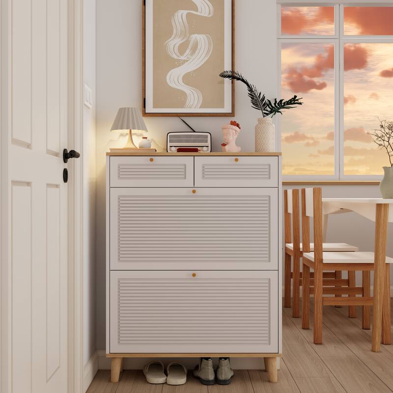 Narrow Shoe Cabinet with 2 Flip-Up Doors & 2 Drawers, Freestanding Entryway Shoe Organizer, Shoe Rack with Natural Wood Legs