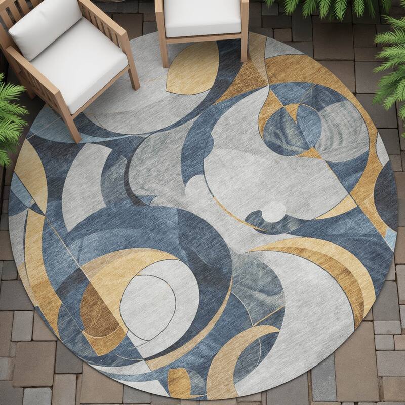 Machine Washable Indoor/Outdoor Geometric Flair Chantille Rug - Blue - 8' x 8'