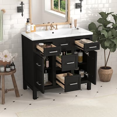 36" Bathroom Vanity Cabinet with Resin Integrated Sink - 4 Drawers, 2 Doors