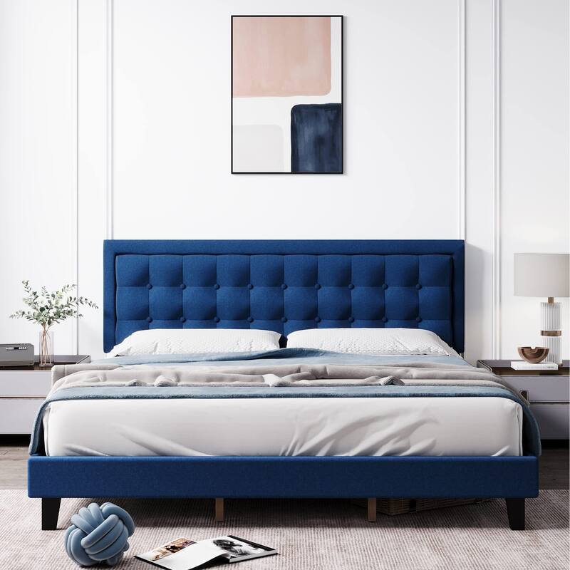Modern Upholstered Platform Bed with Button Tufted Headboard - Blue - King