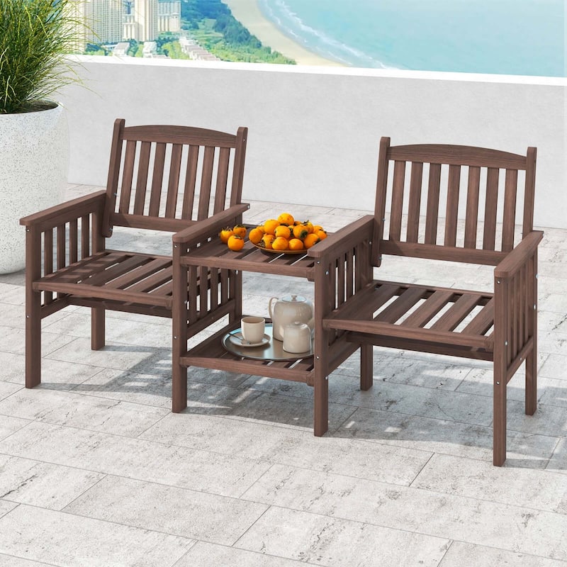 Costway Outdoor Fir Wood Loveseat with 2-Tier Side Table and 1.96" - See Details - Brown