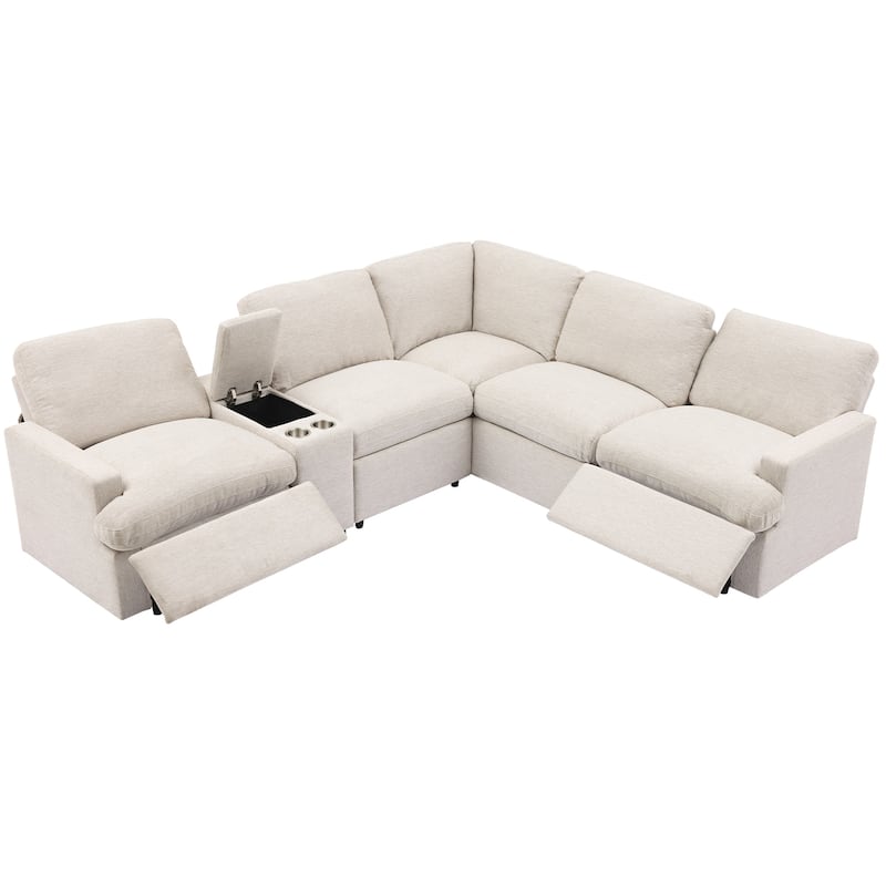 104" Linen Power Recliner Sectional 4-Seat Sofa with Storage, USB Ports and Cup Holders