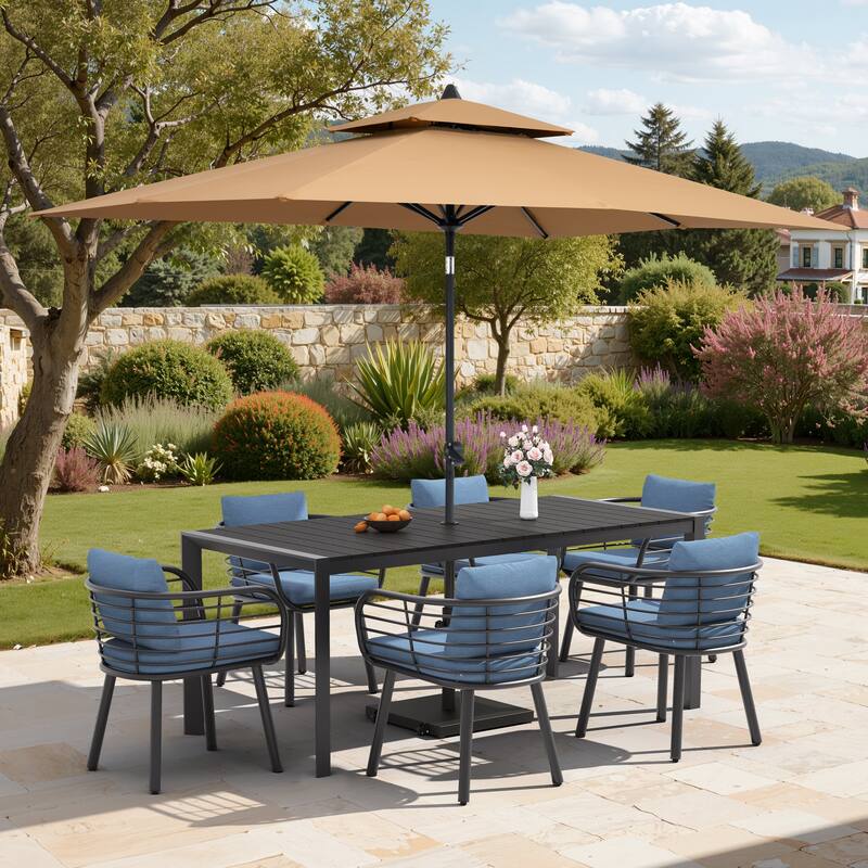 9/11-Piece Outdoor Dining Set w/10 ft Umbrella and Base Aluminum Dining Table and Chairs with Sunbrella Cushions