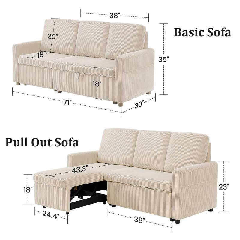 Pocassy 71" Corduroy Fabric Modern 3 Seater L-Shaped Sofa with Reversible Chaise