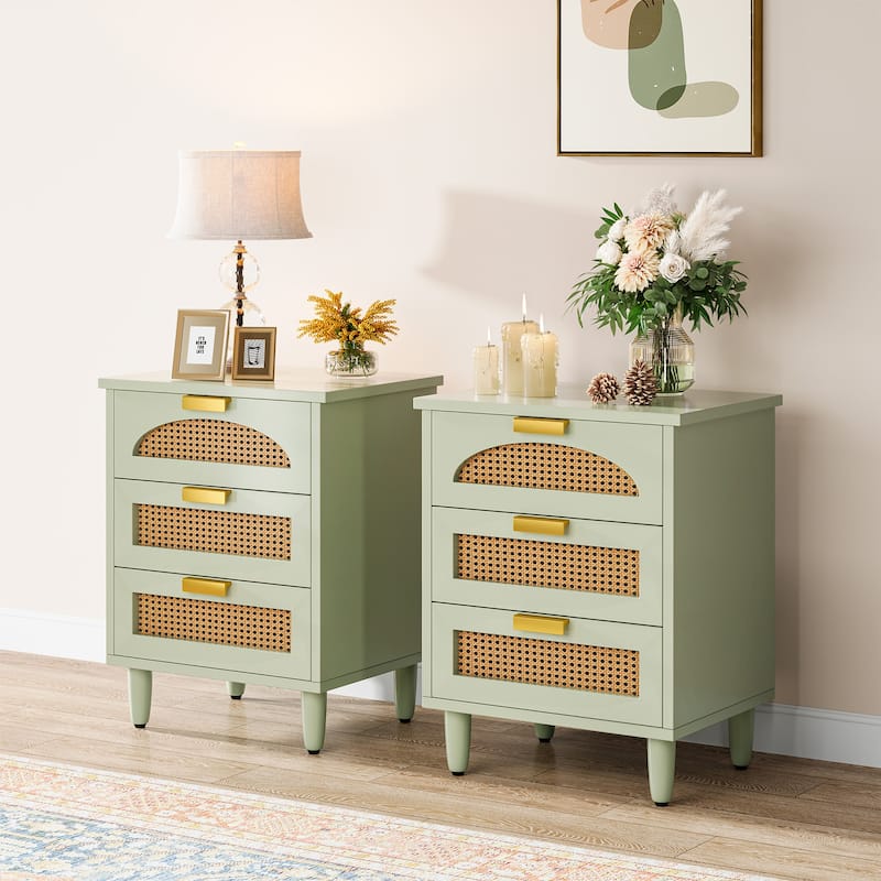 Wood and Rattan 3-drawer Nightstand Bedside Table (Set of 2） - Green+Brown