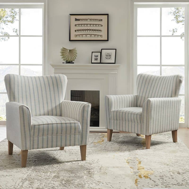 Warren Farmhouse Striped Wingback Chair with Solid Wood Legs Set of 2 by HULALA HOME - BLUE