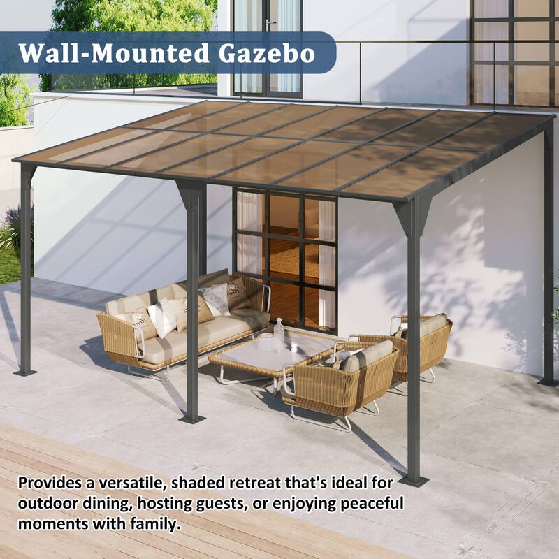 14.76x9.22 FT Wall-Mounted Outdoor Gazebo with Sloped Roof, Powder-Coated Iron Frame & PC Panels for Deck, Garden, Backyard