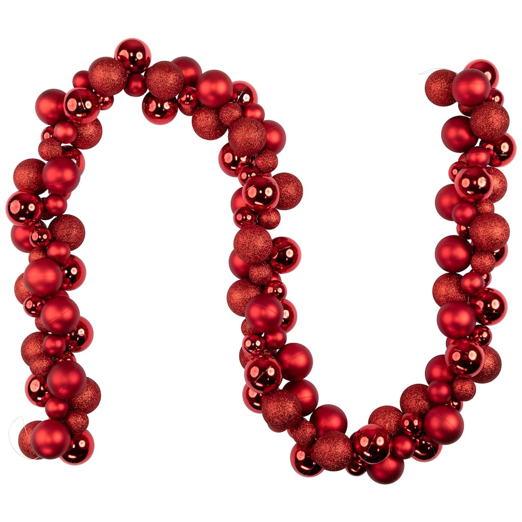 3-Finish Shatterproof Ball Christmas Garland - 6' x 3.5" - Red - Unlit