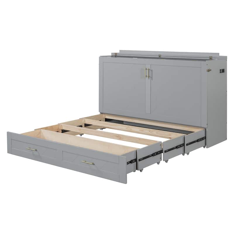 Queen Size Murphy Bed with Pulley System, Storage Drawer, USB Ports, and Sockets, Space-Saving
