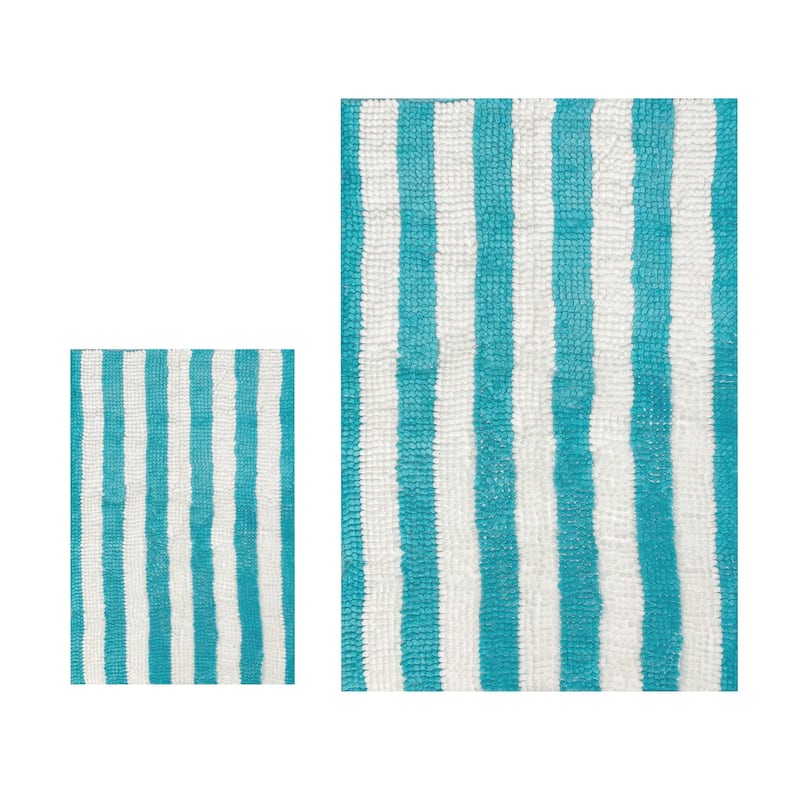 Extra Large 2 Piece Set Light Blue White Stripe Soft Cozy Plush Chenille Bath Mat Bathroom Rug