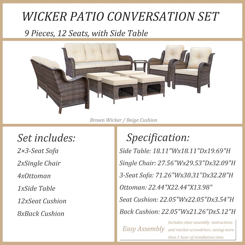 9 Piece Wicker Outdoor Patio Furniture Seating Sofa Conversation Sets