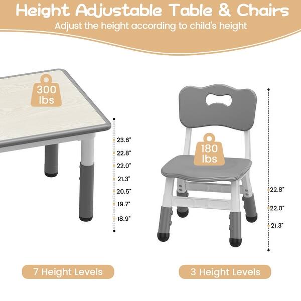 dimension image slide 5 of 6, Height Adjustable Kids Table and 6 Chairs Set