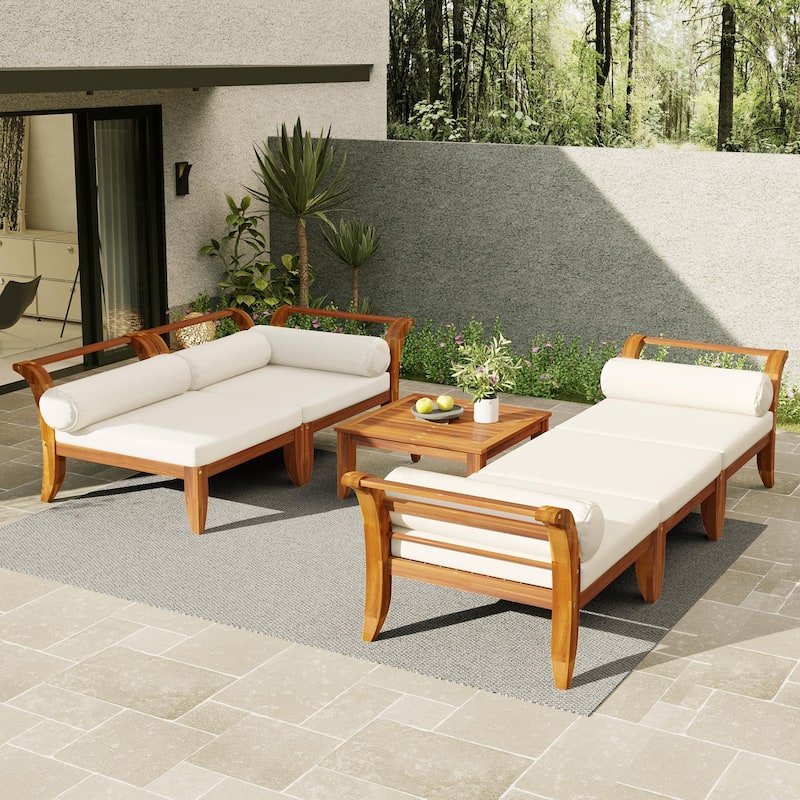 Roomfitters 6-Piece Acacia Wood Outdoor Sofa Set, L-Shaped Sectional with Table, Ottoman, Cushions & Pillows, Teak+Beige