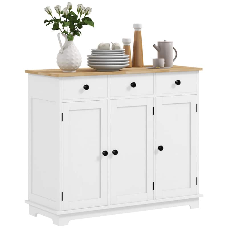 Modern Storage Cabinet with Solid Wood Countertop, 3 Drawers and Adjustable Shelf - White