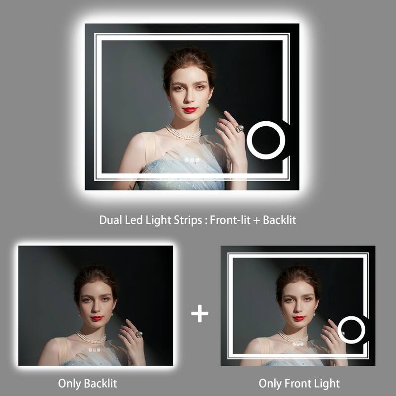 LED Lighted Smart Bathroom Mirror 3X Light Magnifier Dimmable Anti-Fog - 48x24 inch