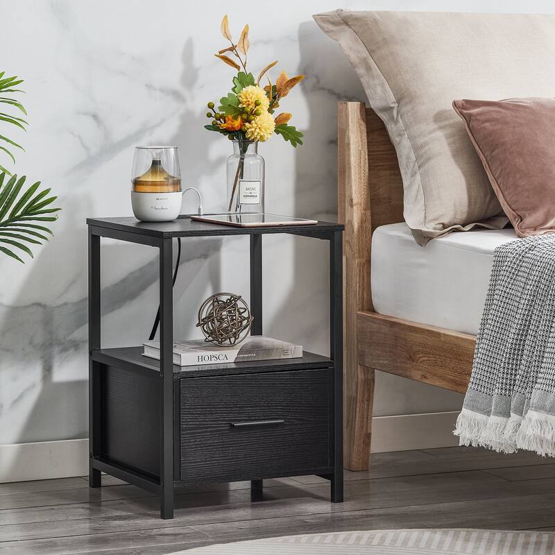 Bedroom Set of 3 Wood Headboard Platform Bed Frame Set of 2 Nightstands with Charging Station USB Port