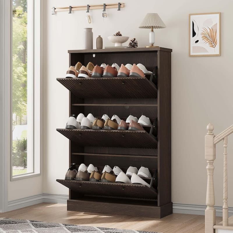 Freestanding Fluted Shoe Cabinet Organizer for Entryway, Hallway, Living Room with 3 Flip Drawers - Brown