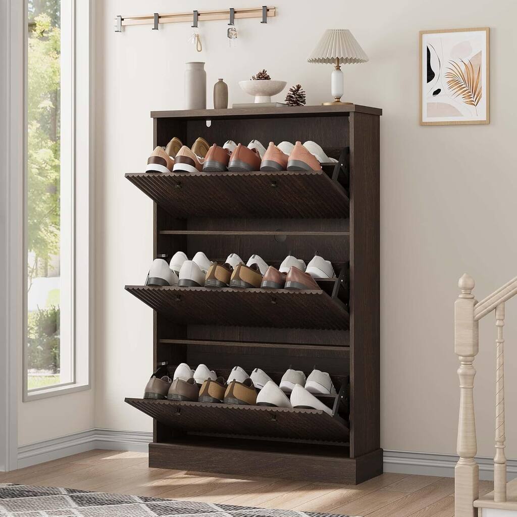 Freestanding Fluted Shoe Cabinet Organizer for Entryway, Hallway, Living Room with 3 Flip Drawers