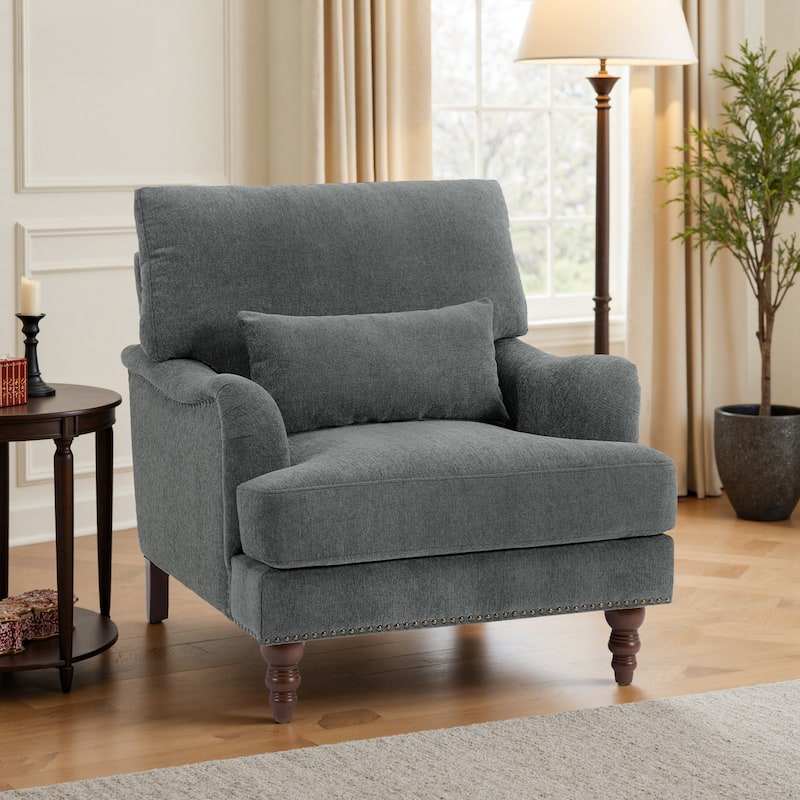 Mid Century Chenille Upholstered Accent Chair with Nailhead Trim - Grey