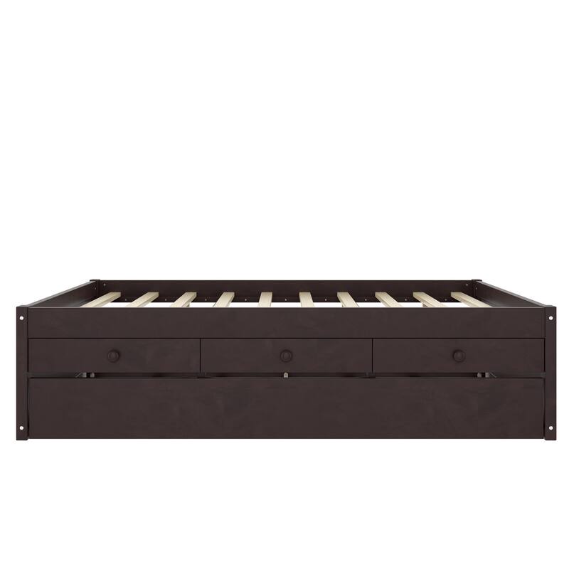 Full Platform Bed with Trundle and 2 drawers, SolidWood Beds with Power strip, Espresso