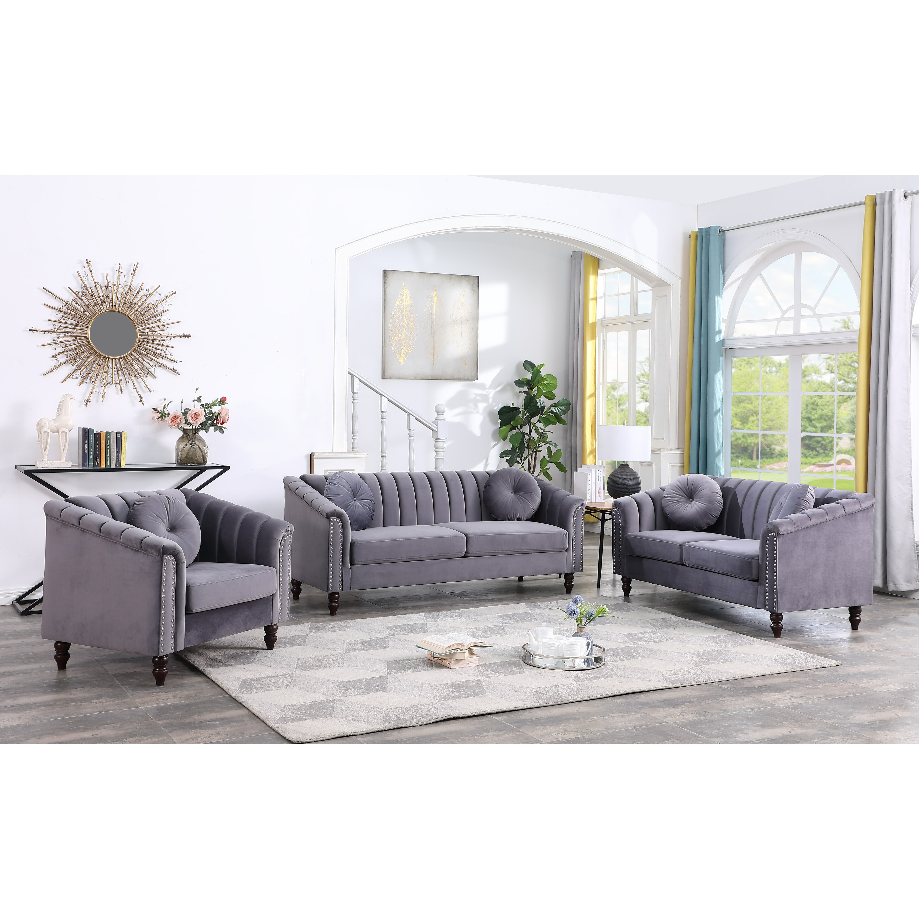 Grey Microfiber 3 Piece Living Room Sofa Loveseat Chair 4904