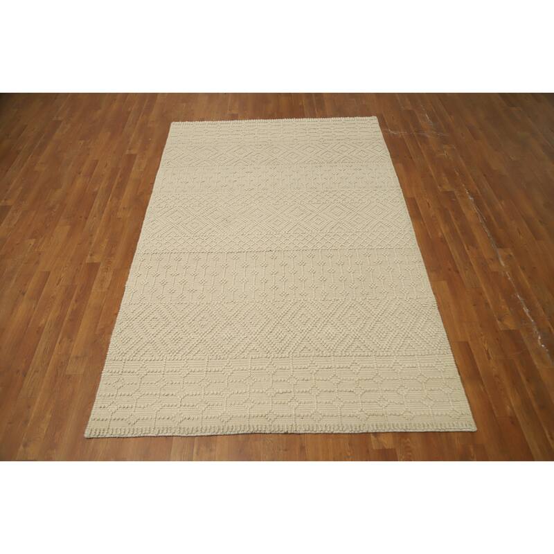 Hand Knotted Oriental 100% Wool Carpet Modern Geometric Beige & Ivories Modern Gotti Design Area Rug - 7' 6'' X 4' 11''
