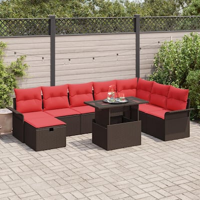 vidaXL 9 Garden Sofa Set with Cushions Black/Brown/Grey Poly Rattan - 117.1 x 73.8 x 27.2
