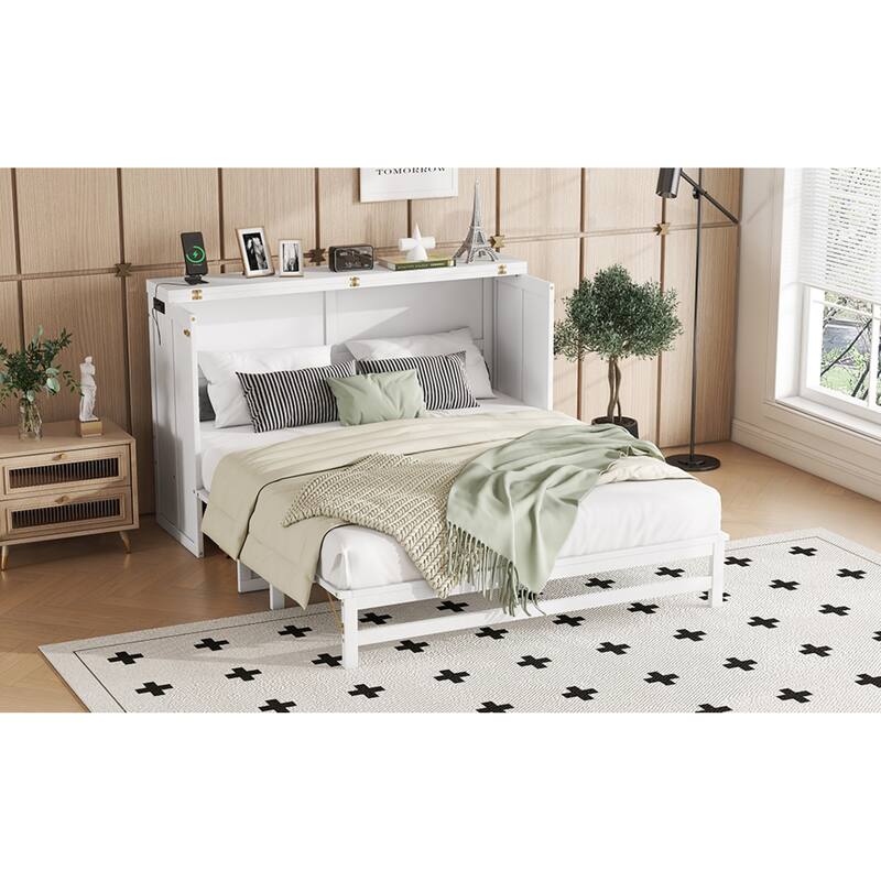 Roomfitters Queen Murphy Bed Cabinet with Storage Compartment, Charging Station with USB, Solid Pine Wall Bed