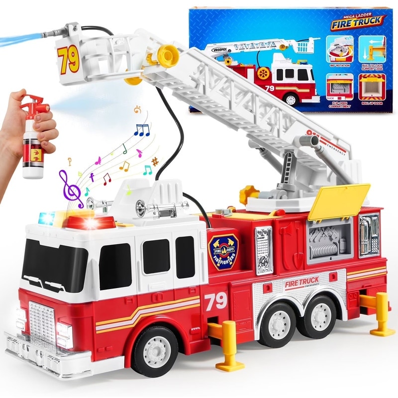 Toddler Fire Truck Toys with 33-inch Ladder, Lights & Sprinkler Pump - Red