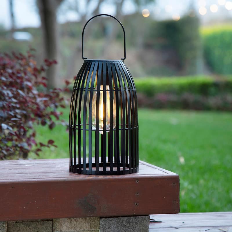 Glitzhome Set of 2 9.75"H Black Striped Outdoor Solar Hanging Lantern