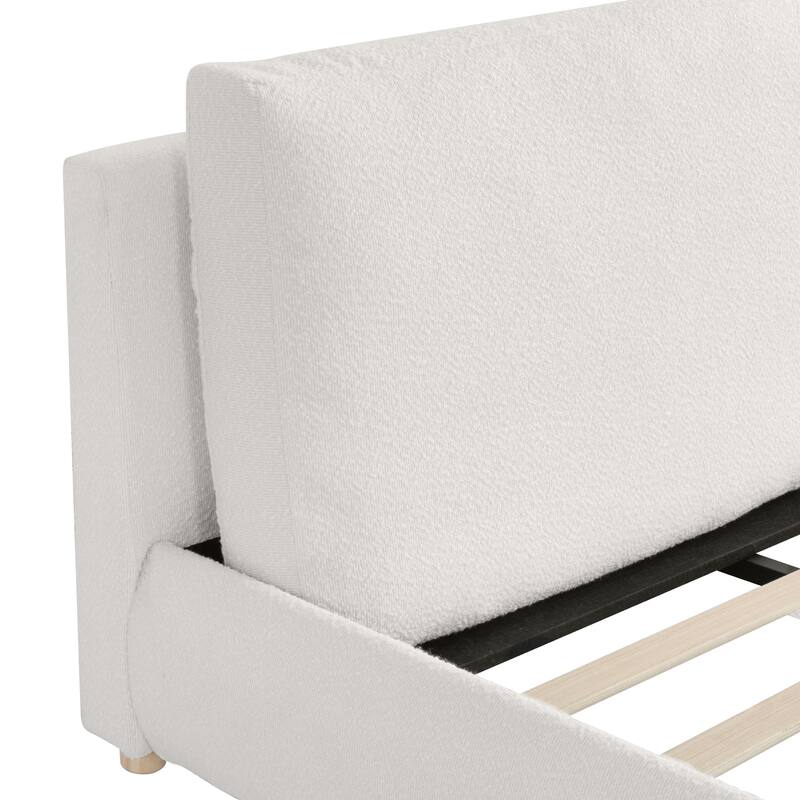 King Size Upholstered Platform Bed with Removable Pillow Headboard, Boucle Fabric, White