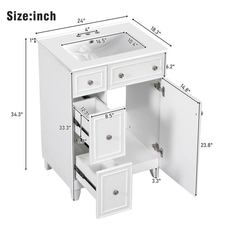 24" Bathroom Vanity Cabinet with Ceramic Sink, 2 Drawers & Door, White