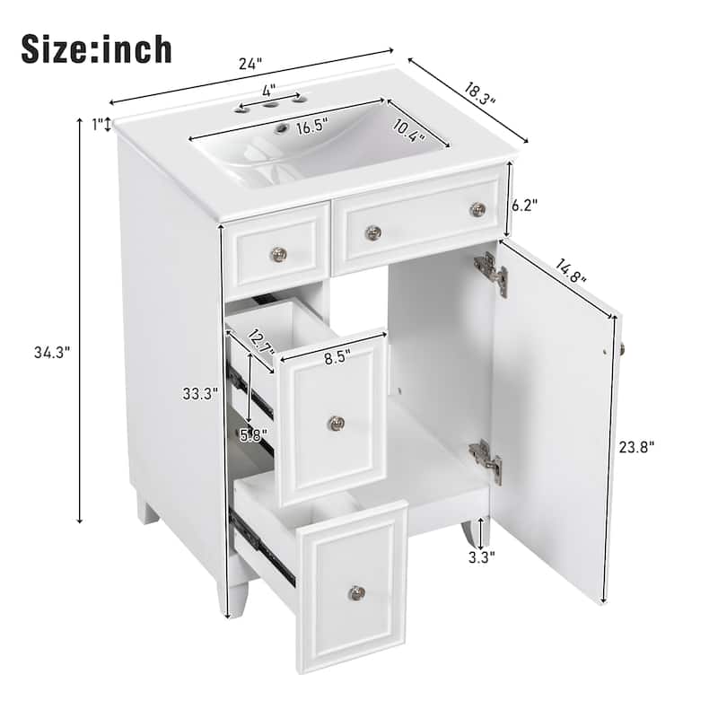 24'' Bathroom Vanity with Ceramic Sink Top, Freestanding Bathroom Vanity Cabinet with 2 Drawers and 1 Soft Close Door