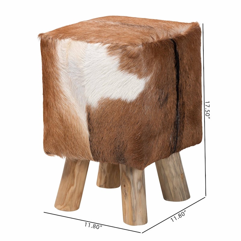 Scotlyn Genuine Goat Leather Footstool with Teak Wood Legs - Rustic Boho Accent with Natural Hide Upholstery, Handmade Footrest