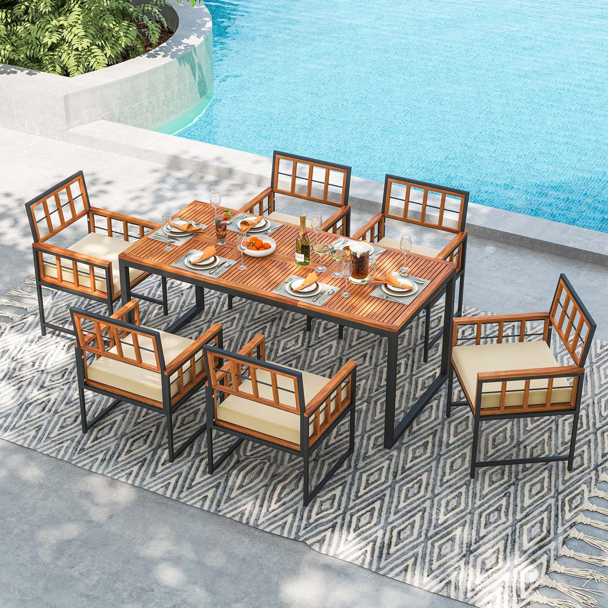 Costway 7 Pcs Patio Dining Set Outdoor Acacia Wood Table with Soft Cushions Umbrella Hole