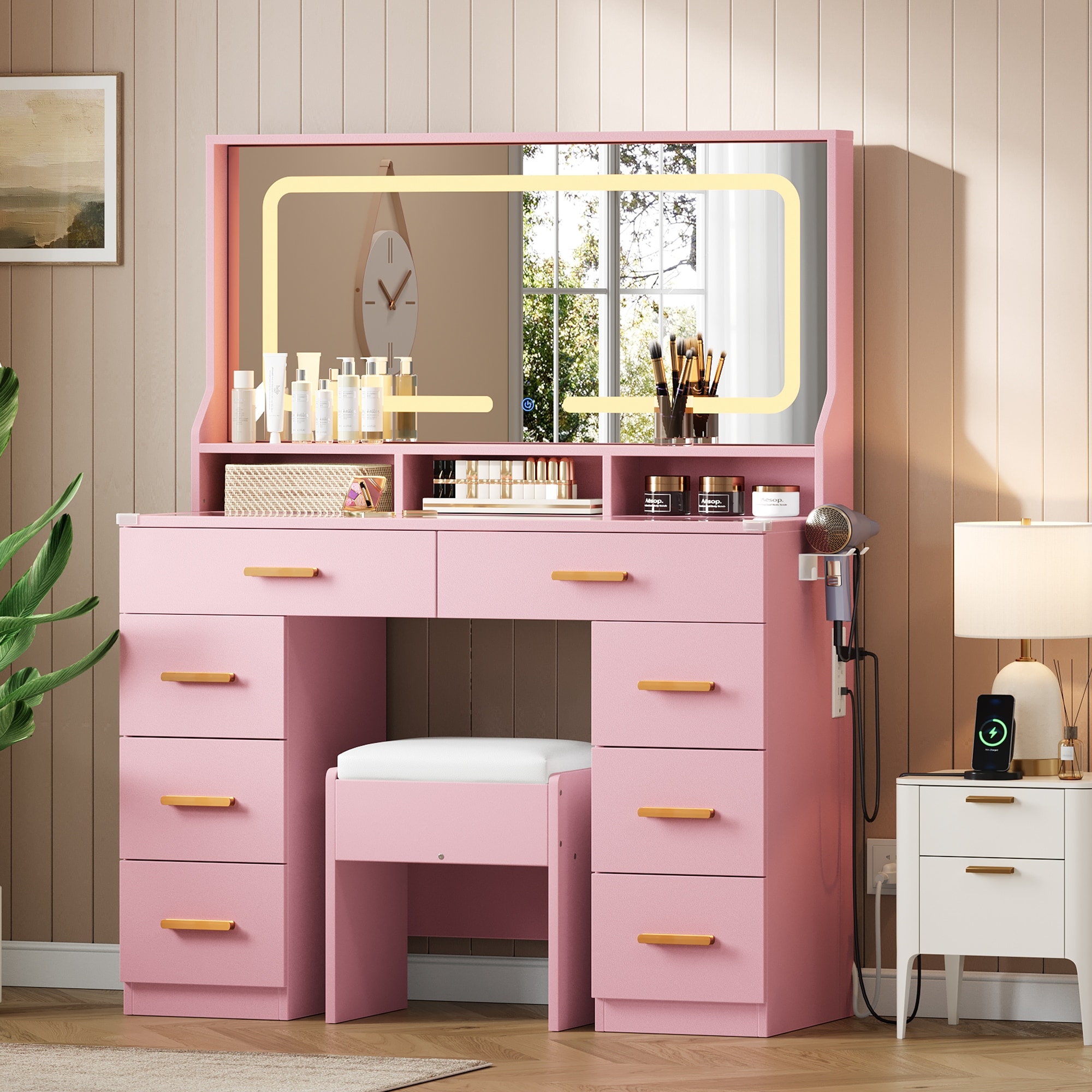 Vanity Desk with Mirror, Makeup Table with Glass Top & 8 Drawers