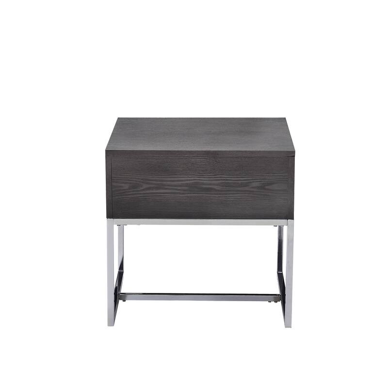 Wooden End Table with Tubular Metal Base and Spacious Drawer, Gray and Silver