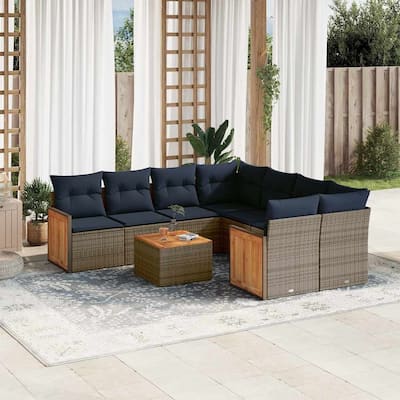 vidaXL 9 Piece Patio Sofa Set with Cushions Gray Poly Rattan - 113.8x27.2x89.8