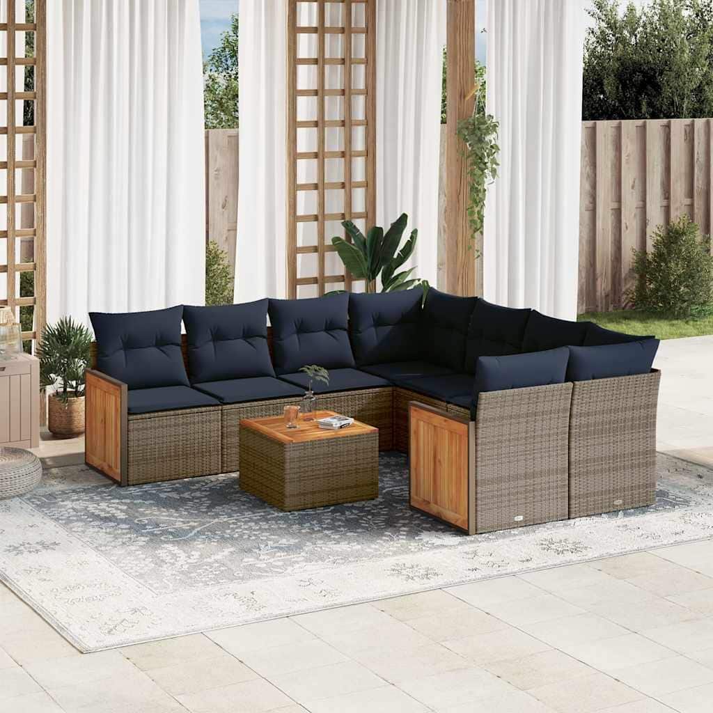 vidaXL 9 Piece Patio Sofa Set with Cushions Gray Poly Rattan - 113.8x27.2x89.8
