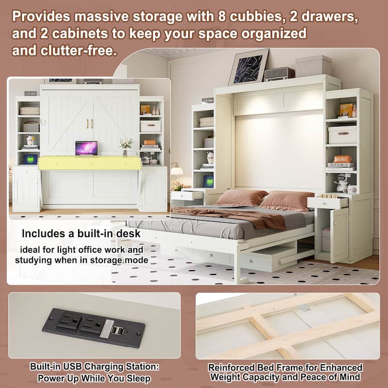 Queen Size Murphy Bed Heavy-Duty Murphy Bed Cabinet Bed with Desk Drawers open shelving Units Power Outlet and Side Cabinets