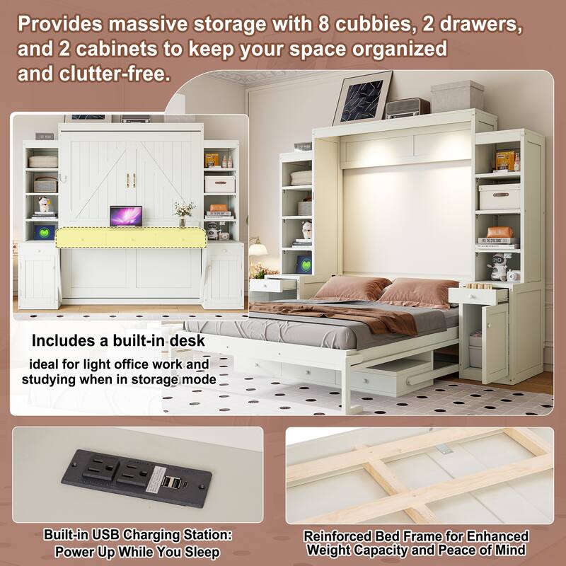 Roomfitters Queen Size Murphy Wall Bed with Desk and Storage Cabinets, Space Saving
