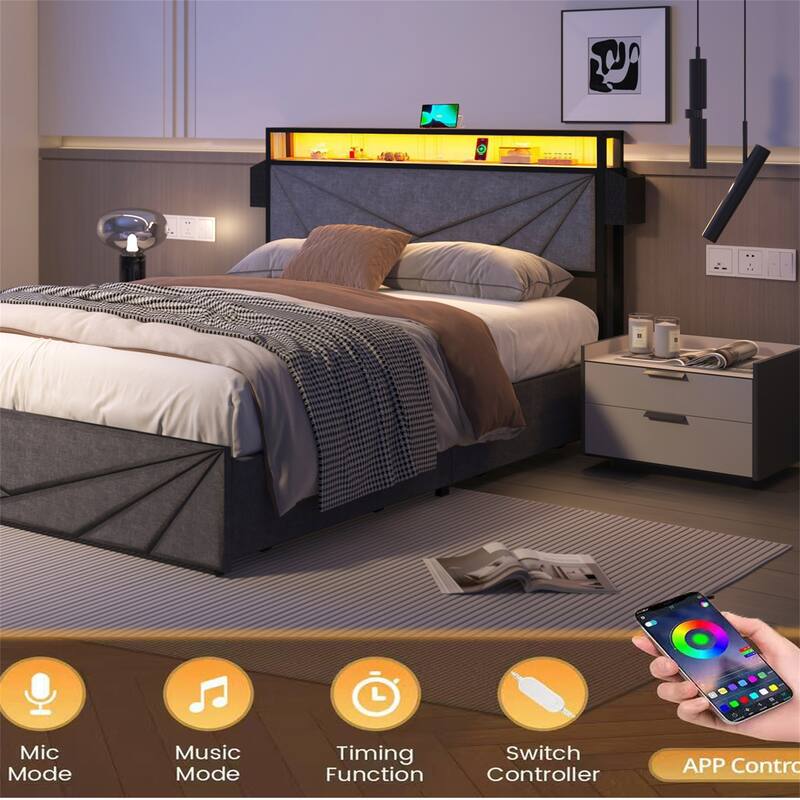 Queen/Full LED Bed Frame, Storage Headboard with Charging Station
