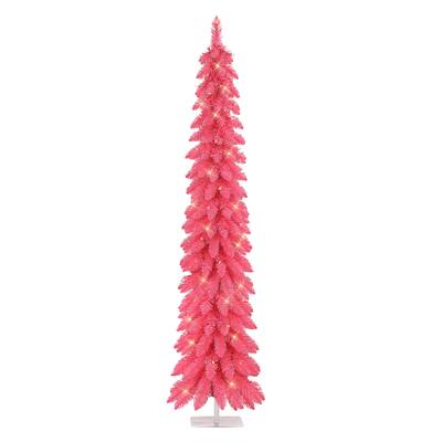 Puleo International 6 ft Pre-Lit Pink Alpine Artificial Pencil Tree 261 Tips 100 Clear Lights
