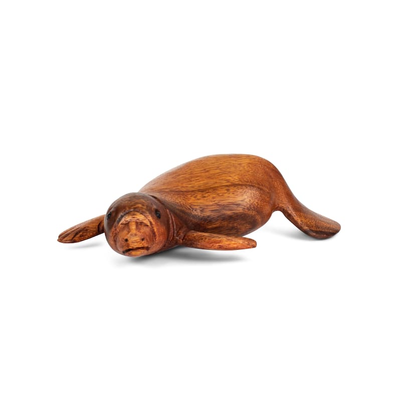 Hand Carved Sea Lion Figurine, Wood Sculpture Coastal Decor, Sitting Seal Statue - 9" wide x 4.5" deep x 3" tall