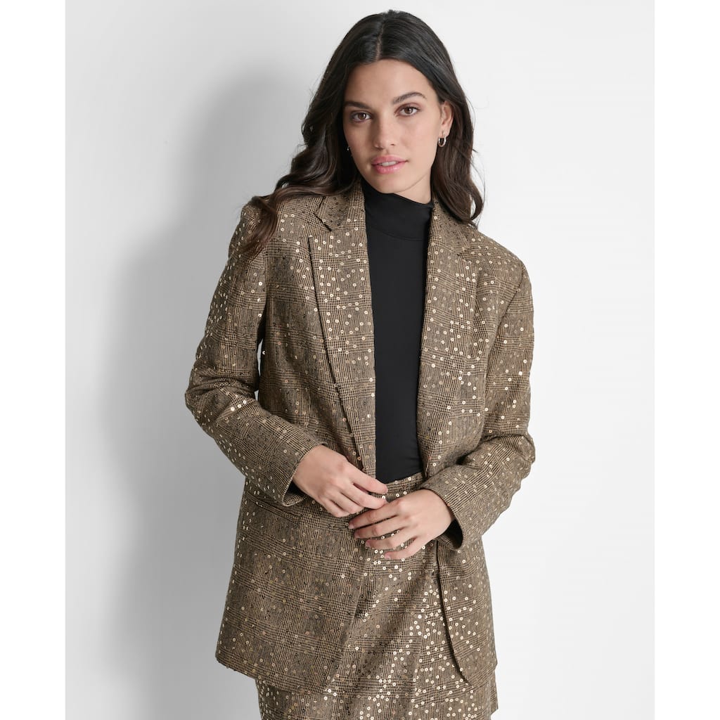 DKNY Herringbone Sequin Wool Blend Blazer